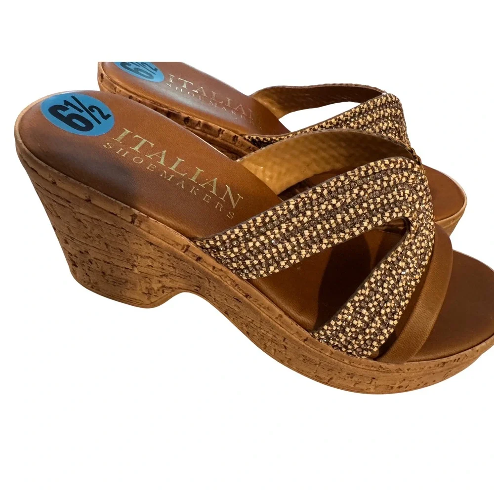 Italian Shoemakers Brown Metallic Woven Cork Wedge Platform Slide Sandals 6.5